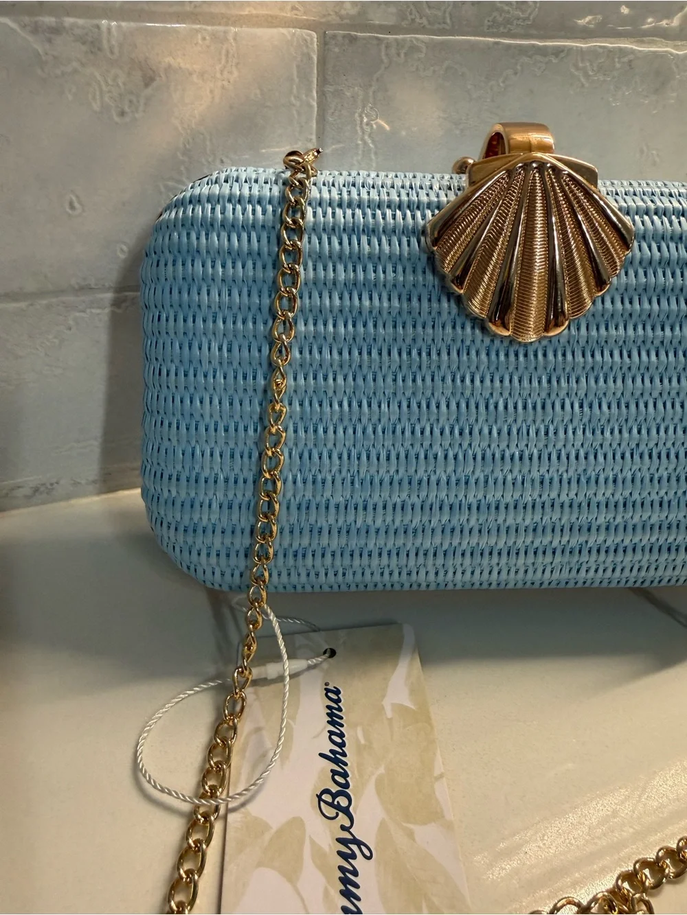 Tommy Bahama Sky Blue Woven Clutch with Gold Shell Clasp
